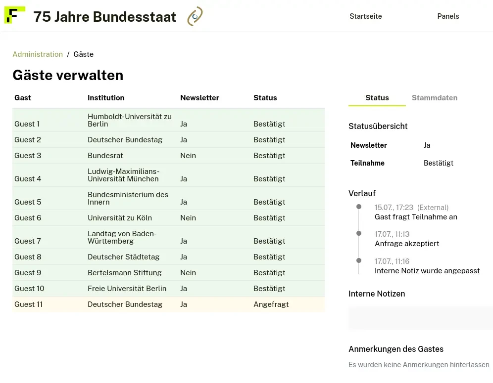 Screenshot of the backend management system for the '75 Years of Basic Law' conference