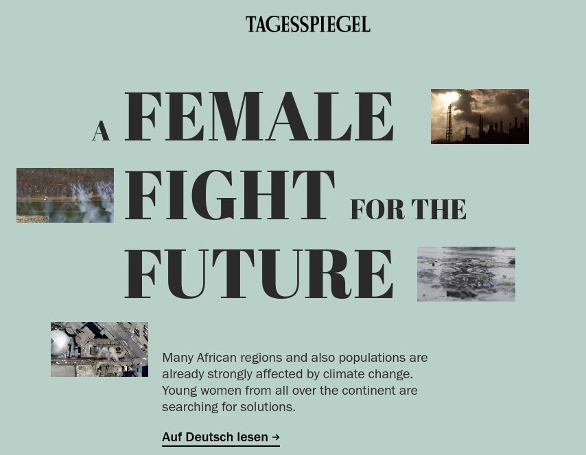 Overview page of 'A Female Fight for the Future' article series on climate change in Africa