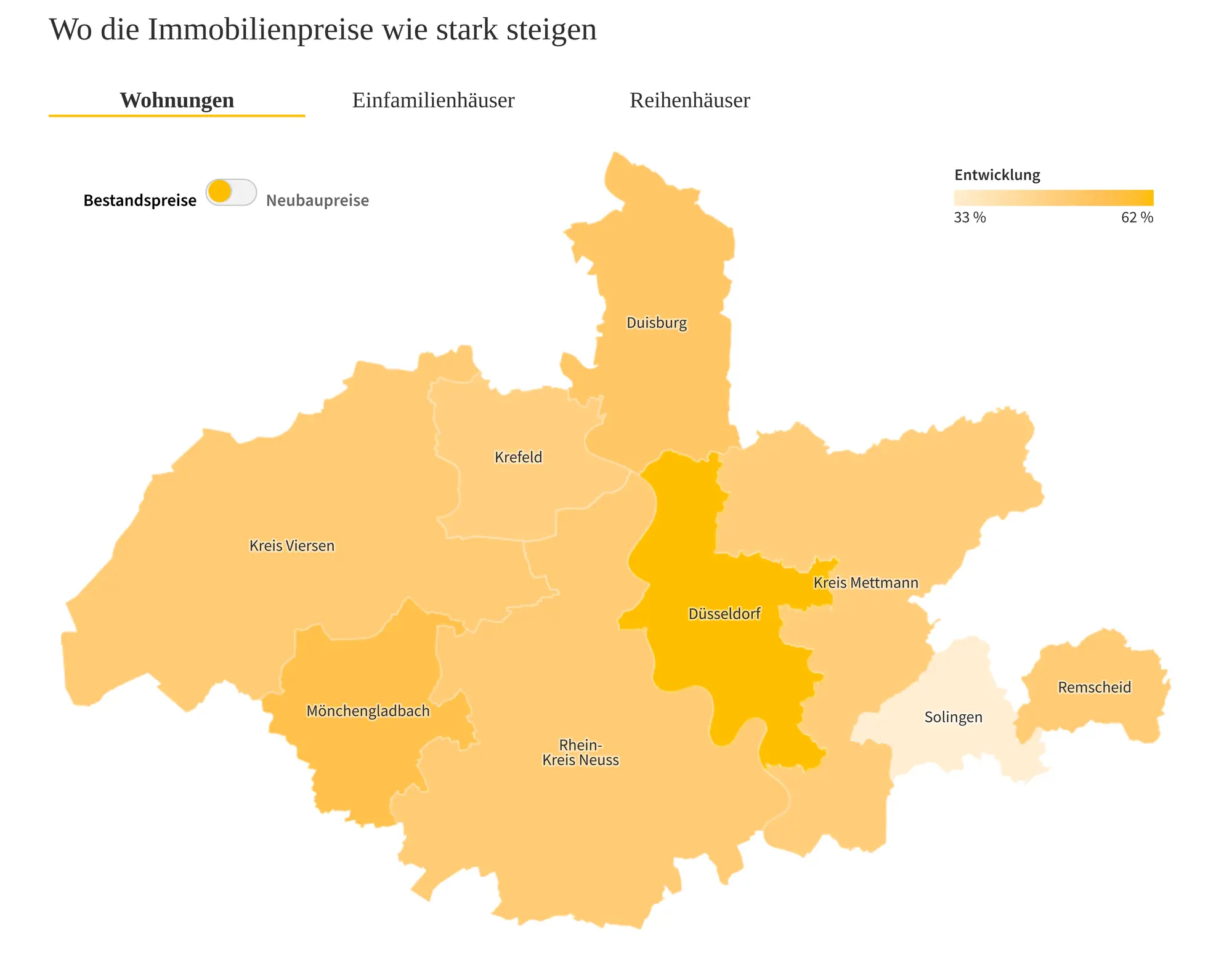 A screenshot of a map showing differences in price increasements