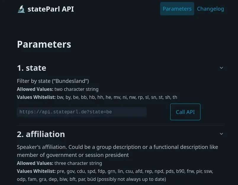 Screenshot der StateParl-API-Dokumentationsseite