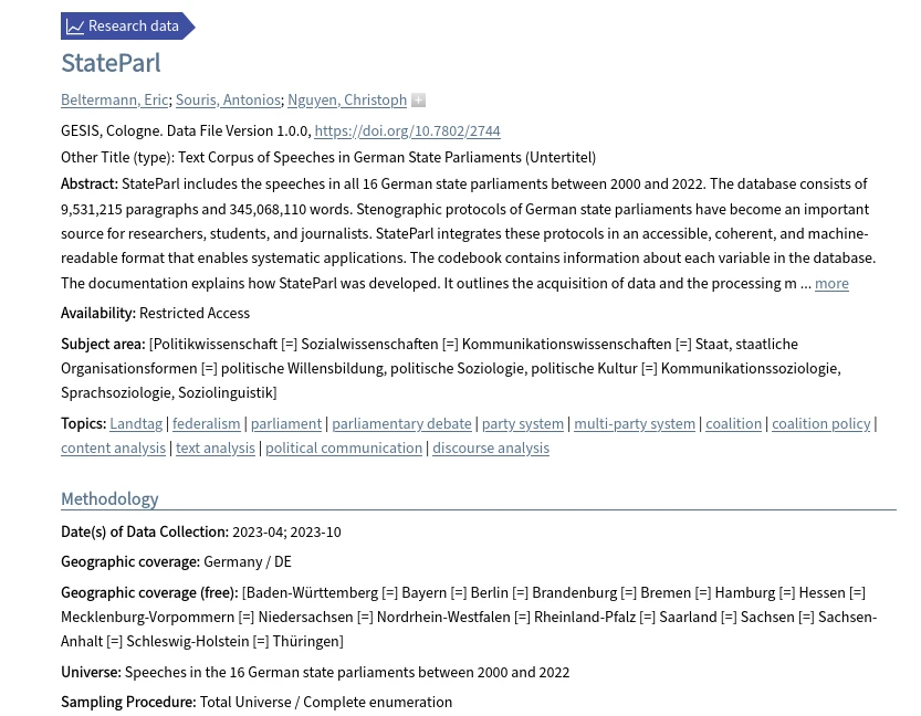 Screenshot of the Stateparl dataset publication