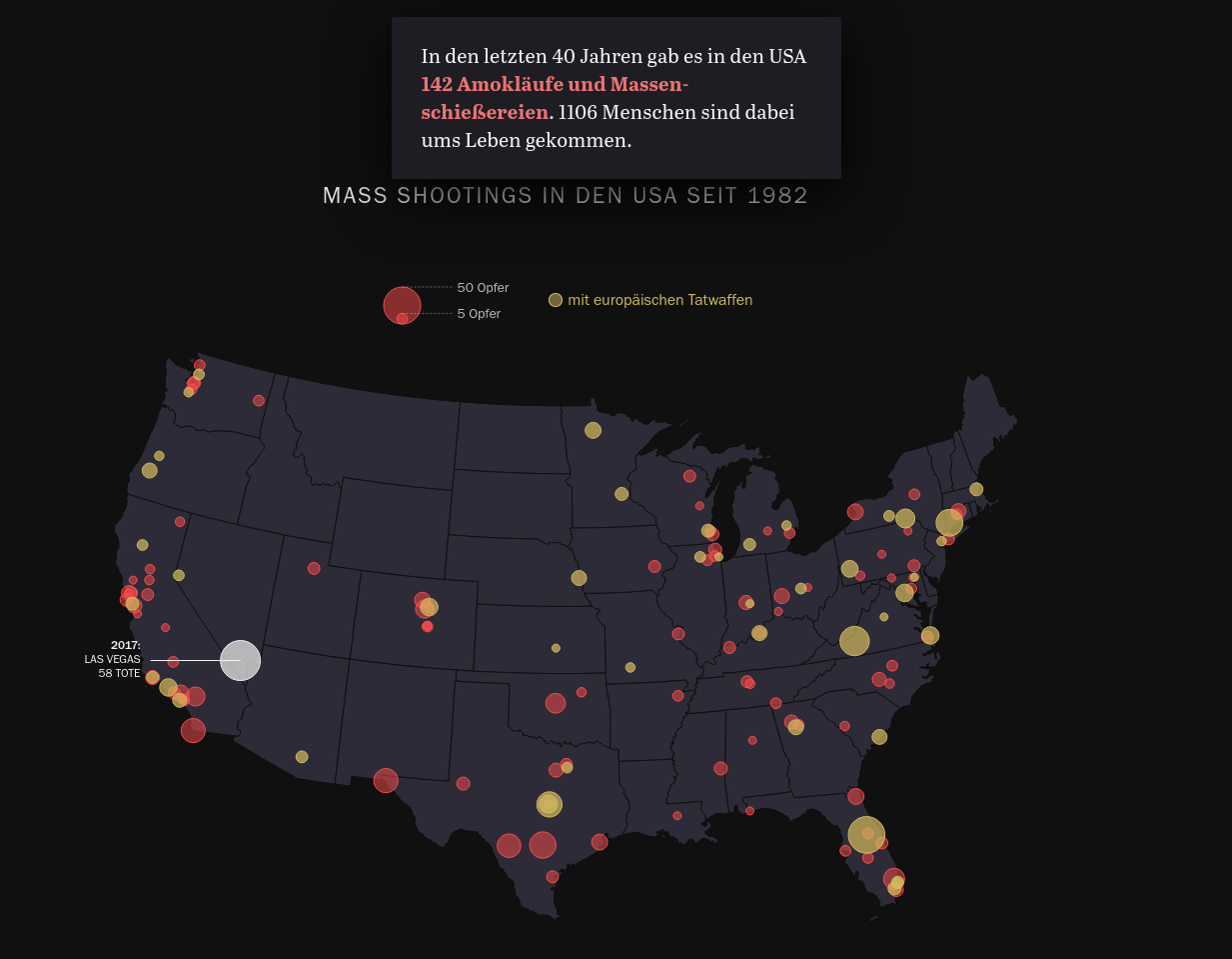 Interactive map showing the distribution of European weapons used in American shootings